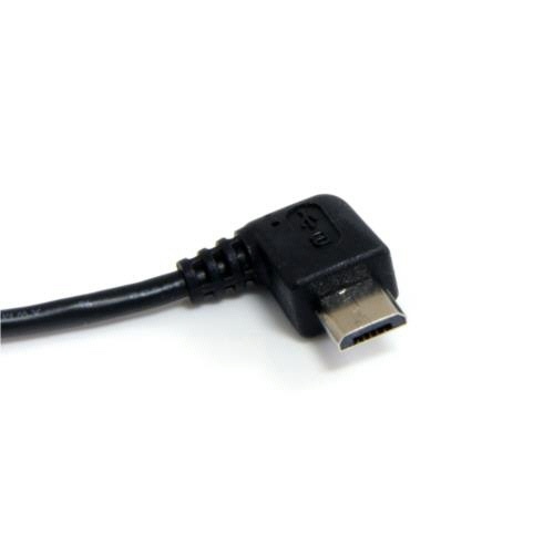 microUSB変換ケーブル　右向きL型　30cm　A(オス)-microB(オス)　ブラック　1本 右向きL型のコネクタが確認できる、黒いケーブルの全体像
