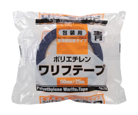 包装用PEワリフテープ　EF674　50×25　青色 青色のテープがロール状に巻かれ、下部分が少し見えている状態