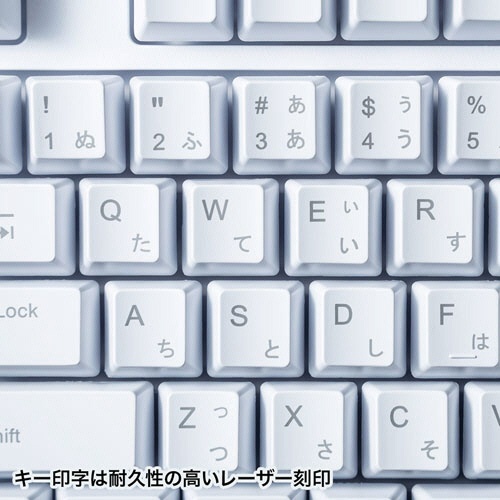 日本語109キーボード(USB)　ホワイト　RoHS指令準拠(10物質)　1台 真っ白なキーボードが上から撮影されており、キーの形状と配列がはっきりと見える状態。