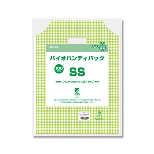 HEIKO 手抜き (小判抜き)ポリ袋 バイオハンディバッグ SS ギンガム2 LG 100枚 薄い緑のギンガムチェック柄の小判抜きハンドル付きバッグが重ねて平置きされ、パッケージの透明窓から柄が覗く様子