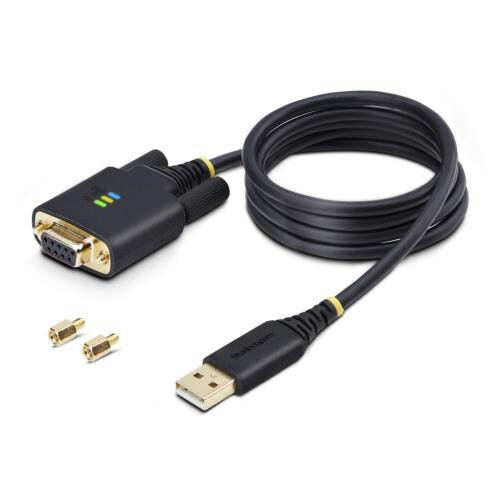 USB-RS232Cシリアル変換ケーブル　クロス　1m　ブラック　1本 黒色のケーブルが真上から見える様子