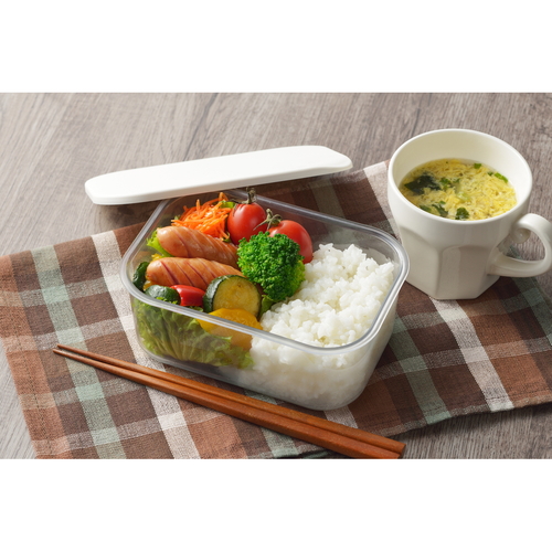 保存容器　830ml　レンジコンテナ　小 透明な容器にカラフルな食材が入っている様子