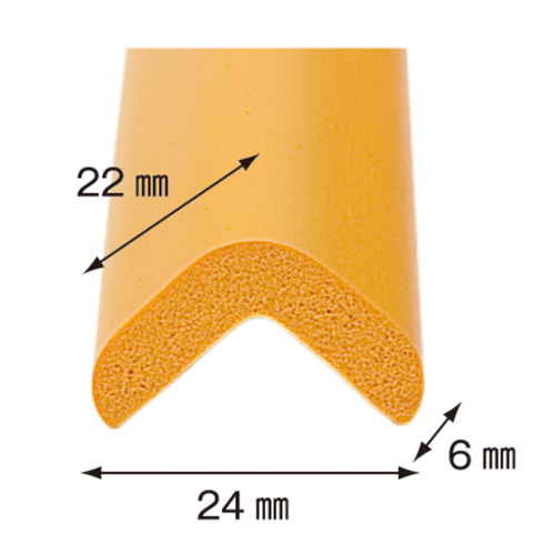 安心クッション L字型 細 幅2.2cm×90cm コーナークッション コーナーガード イエロー コーナー部分に取り付けられた黄色のクッションが平置きされている状態