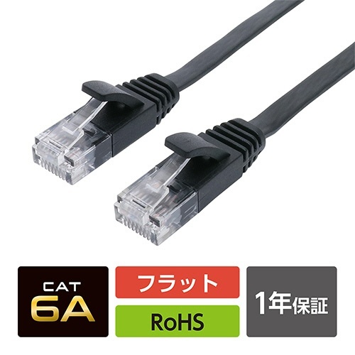 ミヨシ CAT.6A LANケーブル フラット ブラック 2m 1本 平らに置かれた黒いLANケーブルが中央に収束している様子