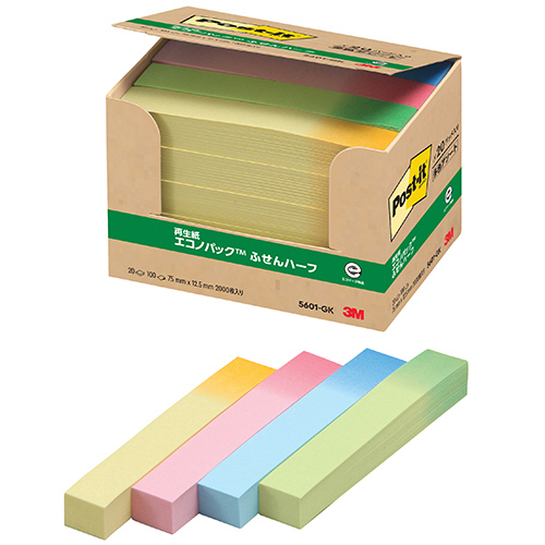 ﾎﾟｽﾄ･ｲｯﾄ ｴｺﾉﾊﾟｯｸ ふせんﾊｰﾌ 再生紙75×12.5mm ｸﾞﾗﾃﾞｰｼｮﾝ4色 1ﾊﾟｯｸ(20冊)画像