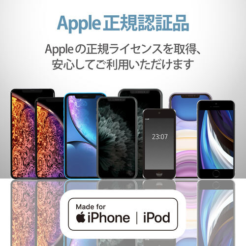 AC充電器 ライトニングケーブル1.0m 白顔 コードの先端が見える白色のケーブルが横に並べられた状態