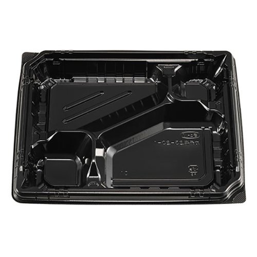 弁当容器 カチ楽23-20-1 黒 本体 エフピコチューパ 黒い弁当容器の上面が見える状態、蓋がしっかり閉じられている。