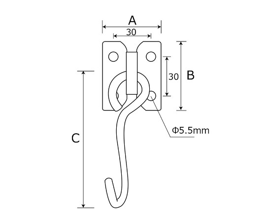 座付フック　45mm 光沢のある金属製のフックが壁に固定された様子