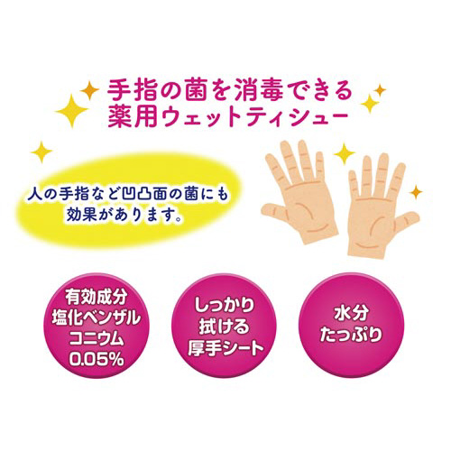 スコッティウエットティシュー 消毒 詰替70枚×4 リベット付きのパッケージが横向きに配置されている様子