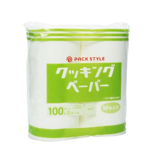 食品消耗資材 PSクッキングペーパー Mサイズ 100カット×2ロール パックスタイル パッケージの側面が斜めから見える状態、ロールごとに束ねられた様子。