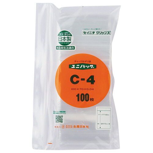 ﾕﾆﾊﾟｯｸ ﾁｬｯｸ付 ﾎﾟﾘｴﾁﾚﾝ ﾖｺ70×ﾀﾃ100×厚み0.04mm 1ﾊﾟｯｸ(100枚)画像