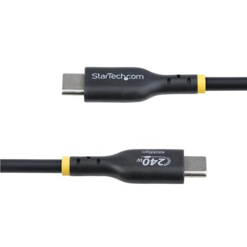 USB-C充電ケーブル　4m　オス・オス　ブラック　1本 黒いケーブルが床に広がり、両端に金属コネクタが見える状態