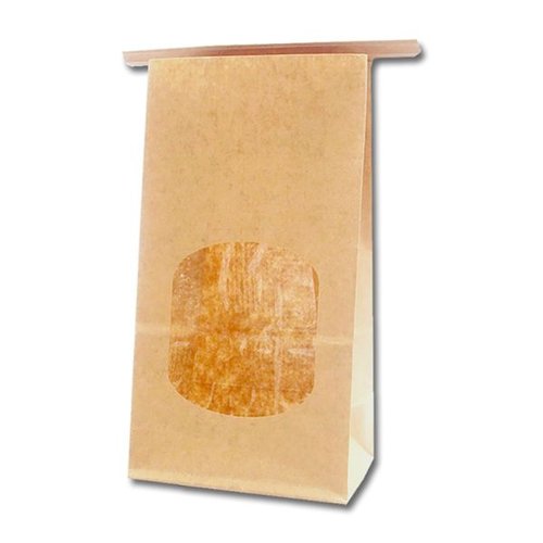 窓付角底袋 ワイヤー付 12-6 未晒無地 全ラミ バラ出荷 HEIKO(シモジマ) 透明な窓が付いた角底袋が横向きに並べられ、全体が無地で落ち着いた色合い。