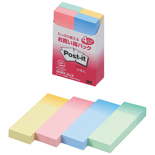 ﾎﾟｽﾄ･ｲｯﾄ ふせん 再生紙 75×25mmｸﾞﾗﾃﾞｰｼｮﾝ4色 1ｾｯﾄ(40冊:4冊×10ﾊﾟｯｸ)画像