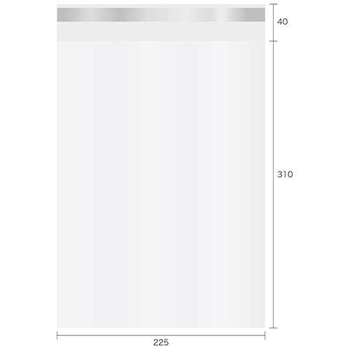OPP袋 テープ付 A4 225×310+40mm 0.025mm厚 1パック(100枚) 透明な袋が整然と並んでいる様子、上部にテープが付いていることが確認できる。