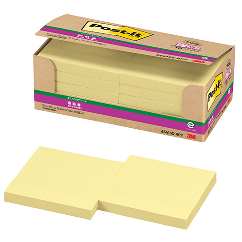 ﾎﾟｽﾄ･ｲｯﾄ ｴｺﾉﾊﾟｯｸ 強粘着ﾉｰﾄ 再生紙 75×75mm ｲｴﾛｰ 1ﾊﾟｯｸ(10冊)画像