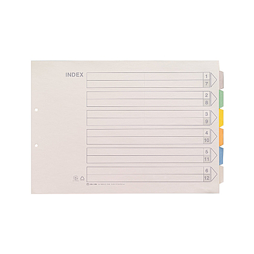 ｶﾗｰｲﾝﾃﾞｯｸｽ A3ﾖｺ 2穴 6色6山+扉紙 1ｾｯﾄ(100組:10組×10ﾊﾟｯｸ)画像