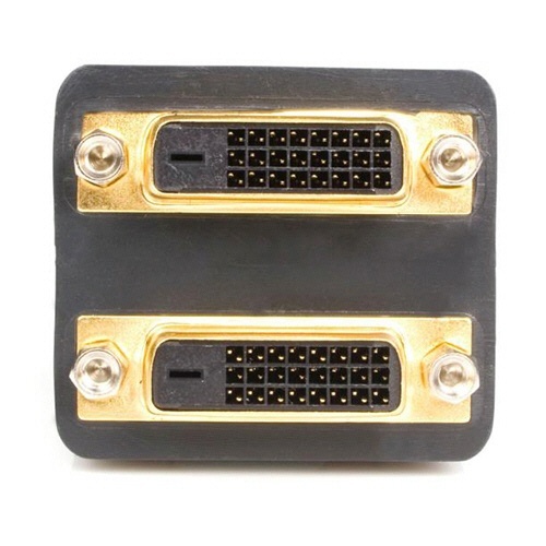 DVI-D分岐ケーブル　ブラック　30cm　DVI　Dオス×1-DVI　Dメス×2　1本 ケーブルが真上から見える状態で、コネクタがはっきりと映っている。