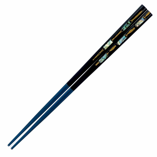 箸 23cm プレミアムアイ ゴージャスライン 姫三ツ貝 木製 天然木 あわび貝 青画像