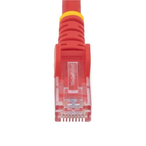 カテゴリ6　LANケーブル　RJ45モールドコネクタ　ツメ折れ防止　5m　レッド　1本 赤色のケーブルがしっかりと巻かれ、コネクタ部分が見える状態