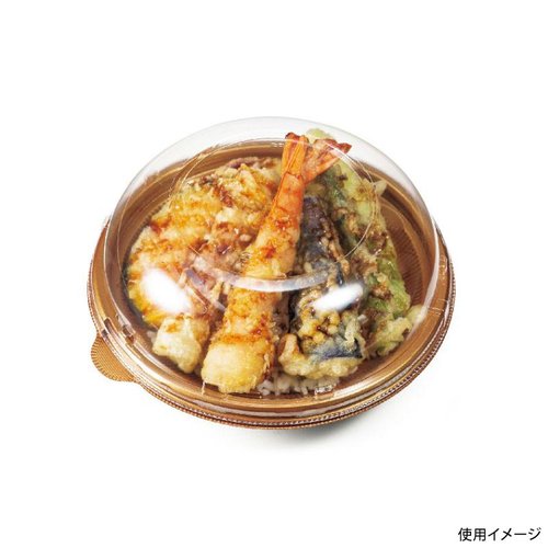 どんぶり容器 バイオ のぞみ 丸180-43B K-ひかり リスパック 透明なプラスチック皿に盛り付けられた料理の鮮やかな色合い