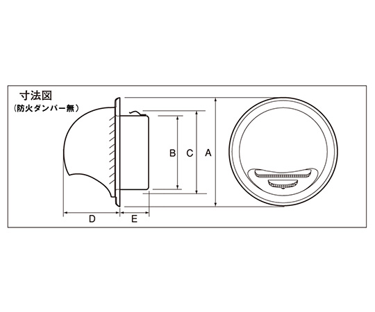 ステンレス換気用ガラリ(外壁用)丸型フード付き 丸型フードが取り付けられたステンレスの換気口、外壁取り付け用のデザイン。