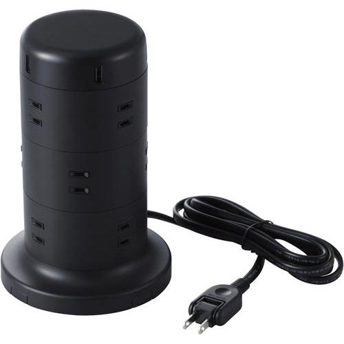 タワー型タップ／１２個口／雷サージ／２ｍ／ブラック画像