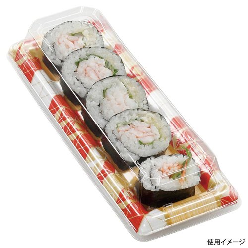 寿司容器 元助26-9(太巻5巻) 本体 あさぎ赤 エフピコ 明るい色合いの容器が開いた状態で、内容物を見せている様子