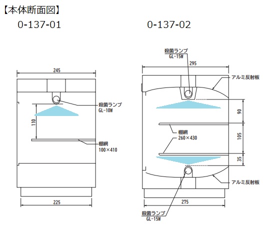 殺菌線消毒保管庫 522×296×423mm 透明ドアのついた収納庫が正面から見える状態。