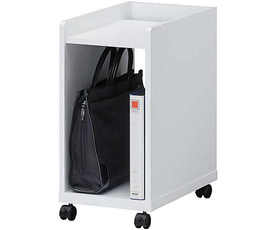 木製デスク下ワゴン スリム 引き出しの付いたスリムな木製ワゴンの側面が見える状態