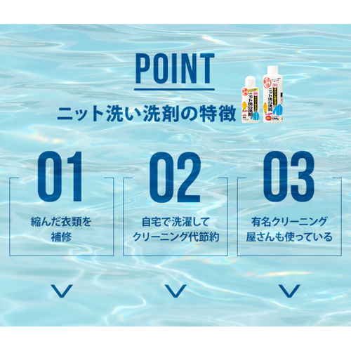 洗濯用洗剤　ダウンも洗えるニット洗い洗剤 パッケージの前面が明るい背景に対して際立っている状態