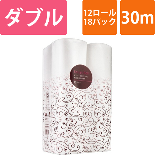 リサイクルトイレットペーパー　ダブル　芯あり　30m　1セット(216ロール:12ロール×18パック)画像