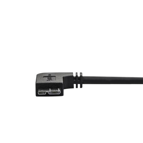 MicroUSB3.0スリムケーブル片側右向きL型　2m　Type　A-Micro　B　オス/オス　ブラック　1本 右向きのL型コネクタが付いた、黒色のスリムケーブルの全体像