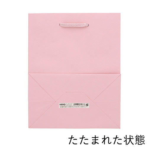 手提げ紙袋（ピンク 塗工・アクリル紐・幅200×マチ120×高さ250mm） 正面を向いて立ち、塗工された光沢のあるピンクの紙袋と白いアクリル紐の持ち手が上に伸びている様子
