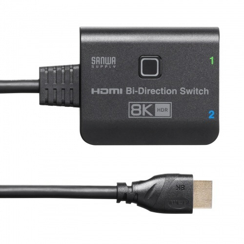 8K対応HDMI切替器　(2入力・1出力または1入力・2出力)　1台 商品の正面が見える状態で、各入力ポートの詳細が確認できる。