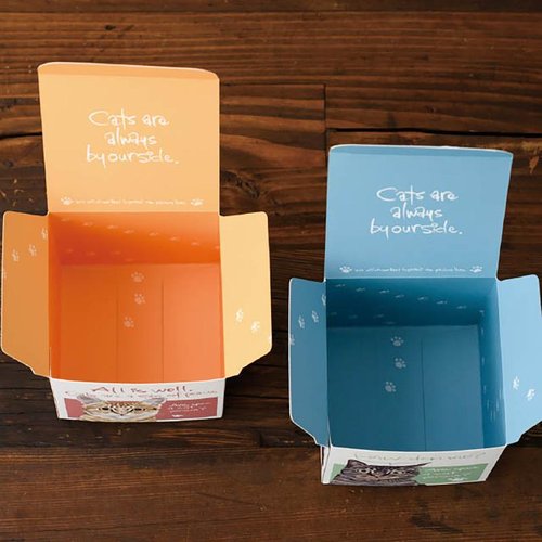 贈答箱 CHRA-GS1 チャリティーアニマルアソートギフトボックス-S/猫(20枚) ヘッズ リボンが掛けられたギフトボックス、猫のデザインが施された正面の様子