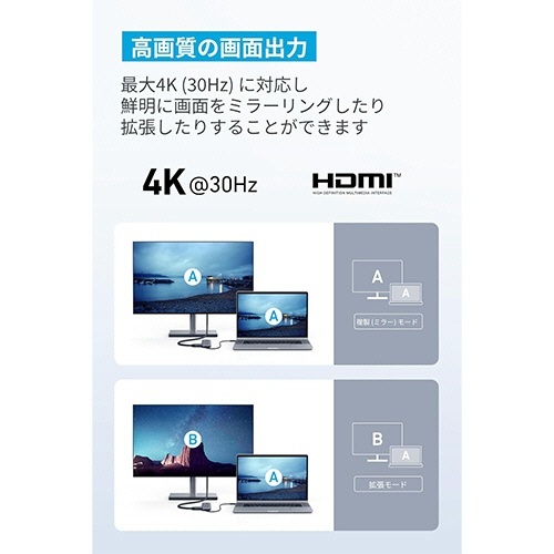 ANKER　332　USB-Cハブ(5-in-1　PD100W対応)　グレー　1個 上部から撮影されたUSB-Cハブの斜めビュー、ポートがはっきり見える状態