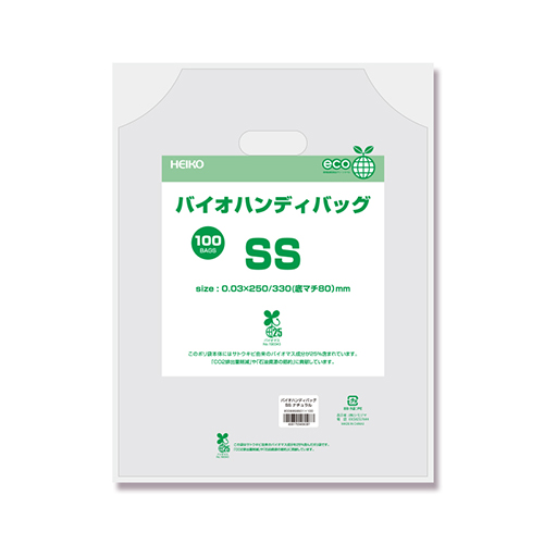 HEIKO 手抜き (小判抜き)ポリ袋 バイオハンディバッグ SS ナチュラル 100枚 ナチュラルカラーの薄手ビニール袋が折りたたまれて複数枚重ねられ、上部に小判型の抜き穴が並んでいる状態
