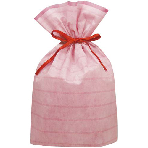 不織布巾着袋（底マチ付）ボーダーピンクＬ　１０枚画像