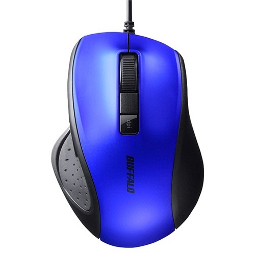 有線 BlueLED 光学式マウス 静音 5ボタン ブルー 1個 ブルーの本体が正面から見える状態で、5つのボタンと滑らかな表面が確認できる。
