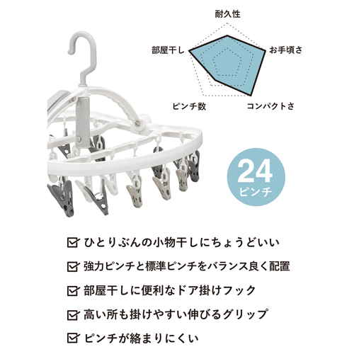 洗濯ハンガー　THE　HANGERS　24ピンチ 複数のピンチが並んでいる緑色のハンガーの様子