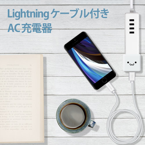 AC充電器 ライトニングケーブル1.0m 白顔 つやのある白い充電器とケーブルが並ぶ様子