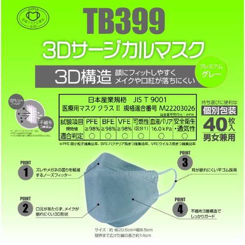 サージカルマスク TB399 3Dサージカルマスク プレミアム グレー つばさ [ケース販売] 約半分が開いた箱に収められたマスク、鮮やかなグレーのフィルターが確認できる。