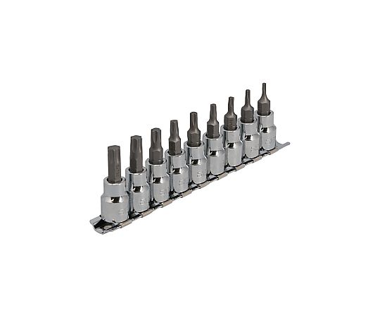 ヘクスローブビットソケットセット　9PCS　3/8DR 真上から撮影された整然と並んだビットソケットが見える状態