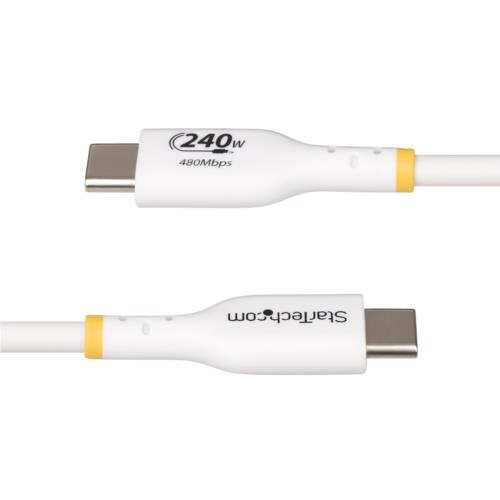 USB-C充電ケーブル　3m　オス・オス　ホワイト　1本 ケーブルの全長がわかる曲がった状態での撮影、先端部分がはっきり見える。
