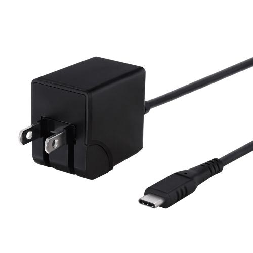 PD18W　タイプCケーブル一体型AC　BK ケーブルが接続されたACアダプターの横からのアングル