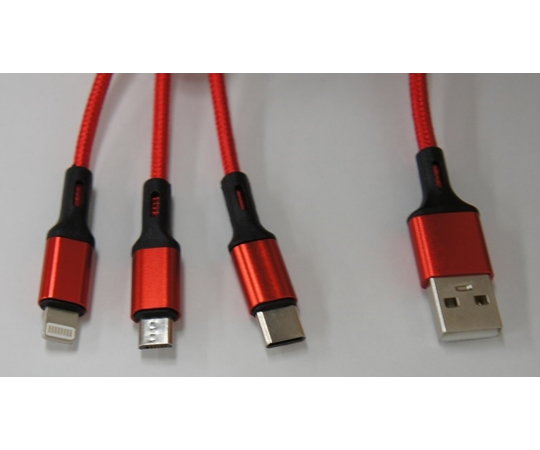 スマートフォン用USBケーブル Type-A（2.0）3in1 Micro USB Type-B+USB Type-C+Lightning 1m 赤画像