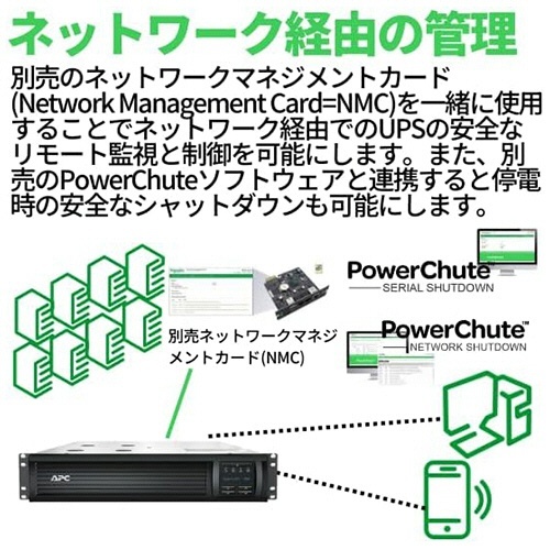 UPS　無停電電源装置　Smart-UPS　ラックマウント　1U　5年保証　1200VA/1000W　1台 ラックマウント型の無停電電源装置が横向きに展示され、通気口とポートが明瞭に確認できる状態。