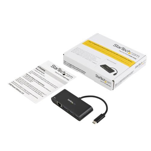 USB-C接続ギガビット有線LANアダプタ　3ポートUSB3.0ハブ搭載　ブラック　1個 シンプルなデザインのアダプタとハブが並んだ様子