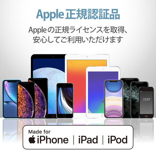 ライトニングケーブル 2m 充電 ホワイト ケーブルがまっすぐに伸びた状態で、滑らかな表面が見える